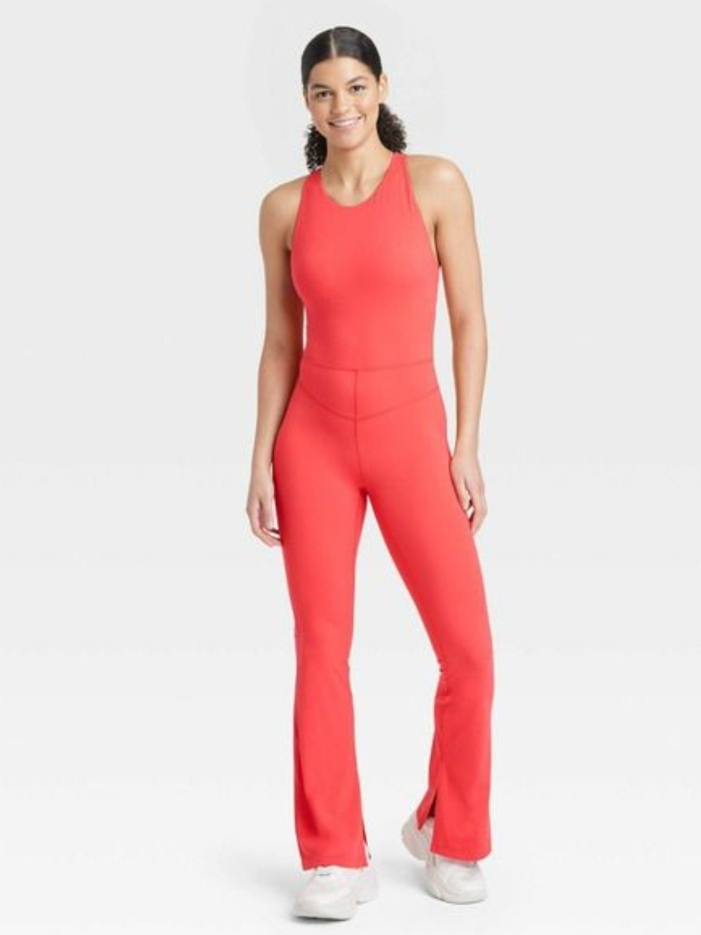 JoyLab Bright Coral High-Neck Flare Jumpsuit